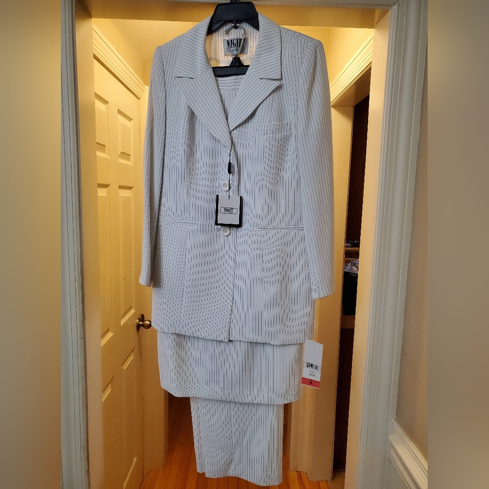 Night Studio White and Black Pin Striped Suit with Skirt and Pants